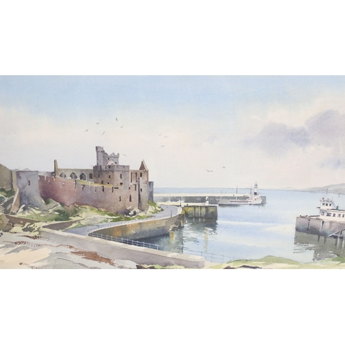 605 - John Hobson Nicholson (British, 1911 - 1988), Peel Castle & Harbour scene, watercolour, signed lower... 