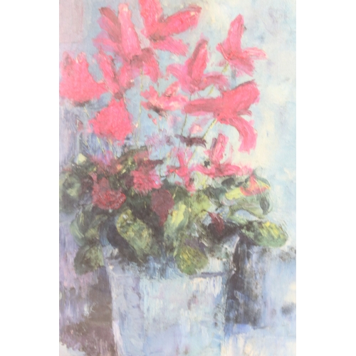 609 - Marion Campbell, still life study of a cyclamen plant in a pot, impasto oil on board, signed lower r... 