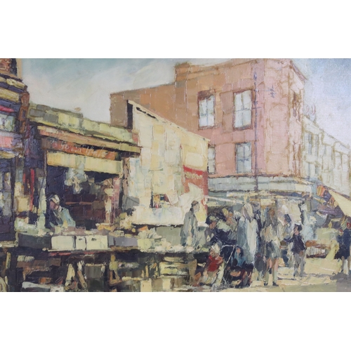 612 - Impressionist school, view of a busy day at Watney street market London, oil on canvas, indistinctly... 