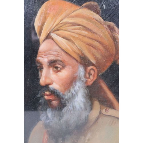 617 - Oriental school, portrait of a bearded Asian man wearing a turban, oil on board, 24 x 19.5cm, framed... 