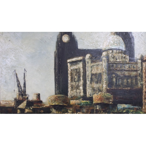 620 - R A Edwards, Liverpool docks scene, impasto oil on board, signed lower right and dated '71, 44.5 x 8... 