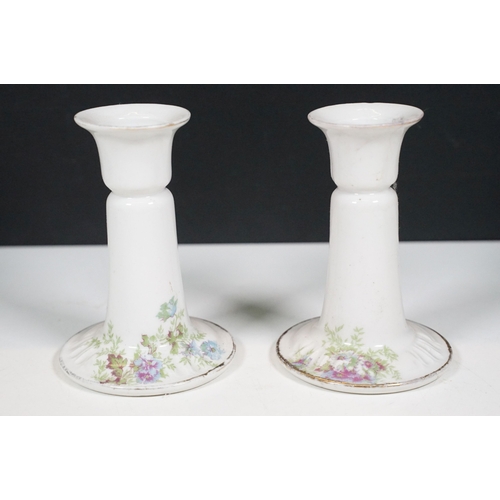 85 - Early 20th century Limoges W.Guerin pair of small candlesticks, tray and lidded pots with floral and... 