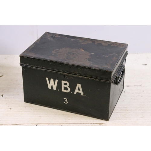 518 - Group of vintage boxes to include metal W.B.A example, H 23cm, W 39cm, D 26cm and two wooden boxes, ... 