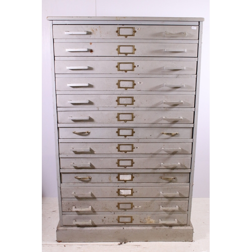 645 - Large painted wooden set of plan drawers containing thirteen drawers, H 128cm, W 79cm, D 49cm