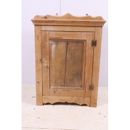 647 - Small stripped pine wall hanging cupboard with internal shelf, H 62cm, W 44cm, D 25cm