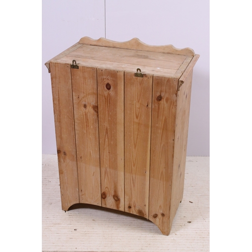 647 - Small stripped pine wall hanging cupboard with internal shelf, H 62cm, W 44cm, D 25cm