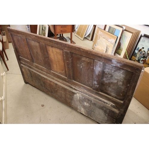 648 - Large antique oak monks bench settle with arms, H 92cm, W 152cm, D 49cm