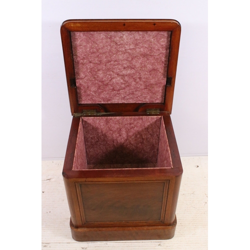 656 - Small mahogany storage box chest with fabric lining and liftable lid, H 46cm, W 51cm, D 47cm