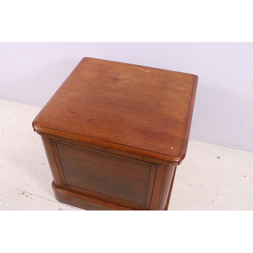 656 - Small mahogany storage box chest with fabric lining and liftable lid, H 46cm, W 51cm, D 47cm