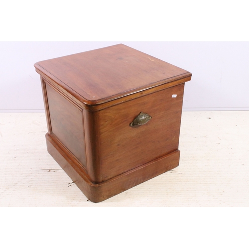 656 - Small mahogany storage box chest with fabric lining and liftable lid, H 46cm, W 51cm, D 47cm