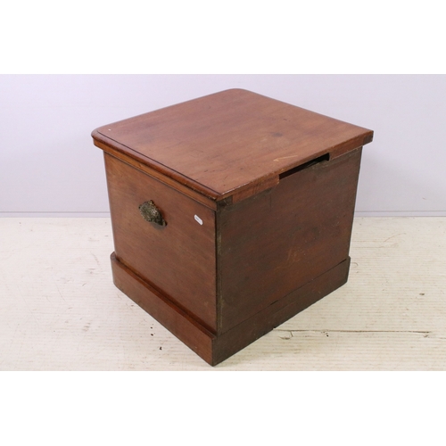 656 - Small mahogany storage box chest with fabric lining and liftable lid, H 46cm, W 51cm, D 47cm