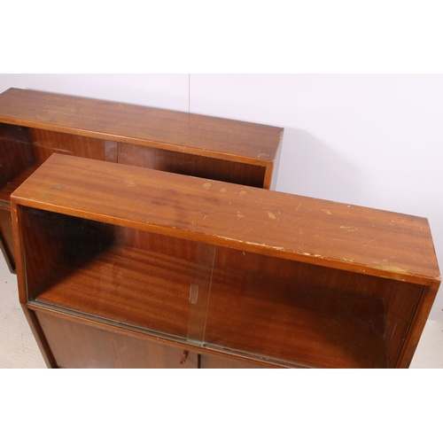 677 - 20th century pair of veneer side board display units with glazed sliding panels and sliding doors, H... 