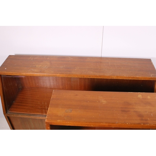 677 - 20th century pair of veneer side board display units with glazed sliding panels and sliding doors, H... 