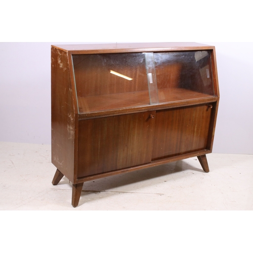 677 - 20th century pair of veneer side board display units with glazed sliding panels and sliding doors, H... 