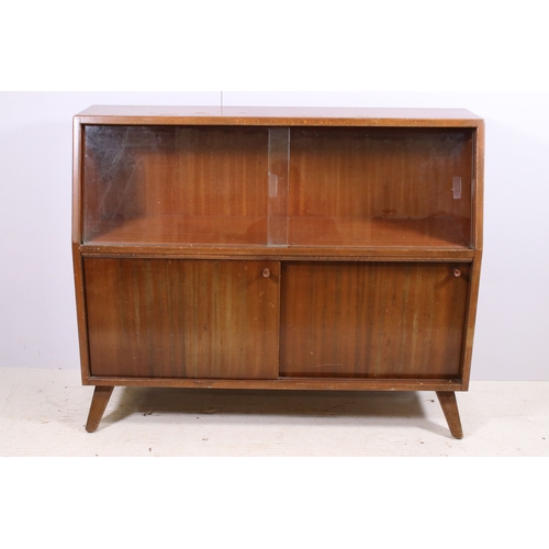 677 - 20th century pair of veneer side board display units with glazed sliding panels and sliding doors, H... 