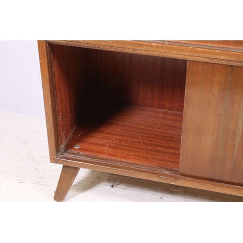 677 - 20th century pair of veneer side board display units with glazed sliding panels and sliding doors, H... 