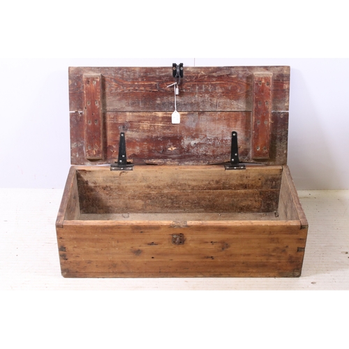 681 - 19th century pine box with hinged lid, 21cm high x 66cm long