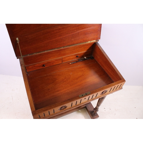 683 - Mahogany lift up lid writing desk with leather slope and stationary organiser beneath liftable cover... 