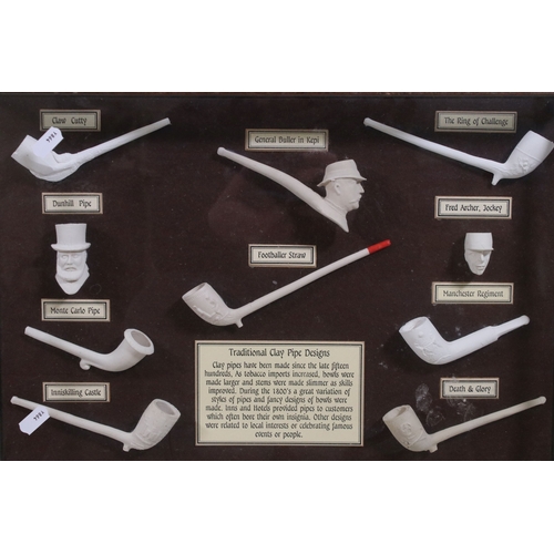 687 - Display case of various traditional clay pipe design examples together with an antique adjustable dr... 