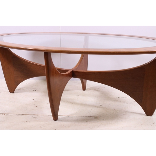 689 - G Plan 'Astro' teak coffee table with glass insert top, H 42cm, W 122cm, D 66cm