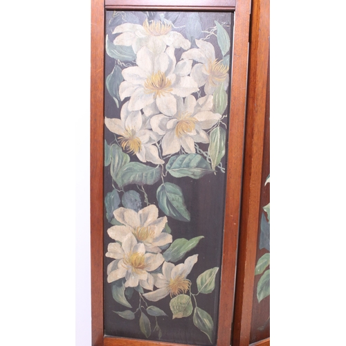 691 - Early 20th century, hand painted mahogany three section fire screen cover with floral design, H 99cm... 