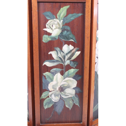 691 - Early 20th century, hand painted mahogany three section fire screen cover with floral design, H 99cm... 