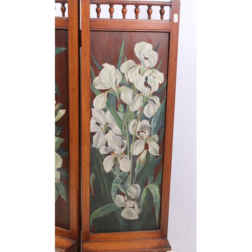 691 - Early 20th century, hand painted mahogany three section fire screen cover with floral design, H 99cm... 