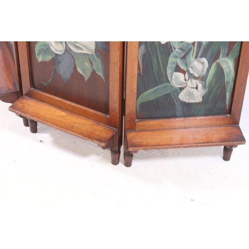 691 - Early 20th century, hand painted mahogany three section fire screen cover with floral design, H 99cm... 