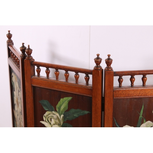 691 - Early 20th century, hand painted mahogany three section fire screen cover with floral design, H 99cm... 