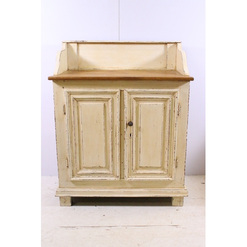 695 - Vintage painted two door store cupboard with up stand, H 90cm, W 72.5cm, D 40cm,