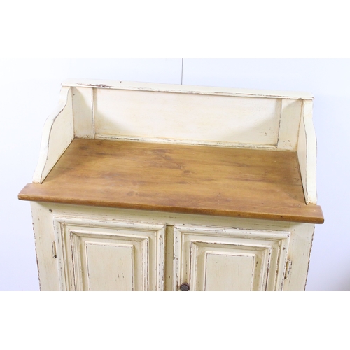 695 - Vintage painted two door store cupboard with up stand, H 90cm, W 72.5cm, D 40cm,