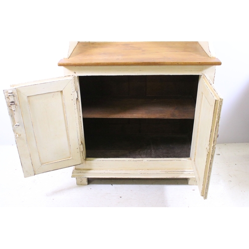 695 - Vintage painted two door store cupboard with up stand, H 90cm, W 72.5cm, D 40cm,