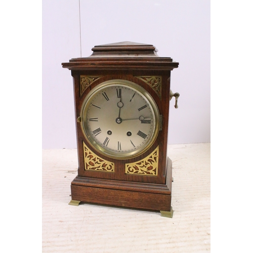 696 - Early 20th century oak two train mantle clock, H 36cm, together with Louis XV style apprentice chair... 