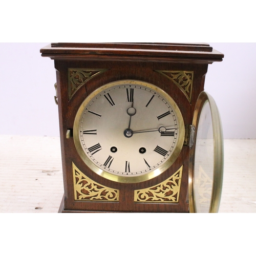 696 - Early 20th century oak two train mantle clock, H 36cm, together with Louis XV style apprentice chair... 