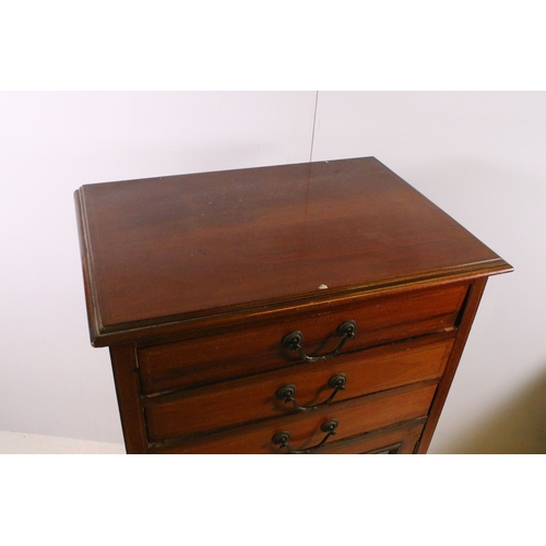 699 - Small chest of drawers with lower glazed cabinet on square legs with marquetry inlay detail, H 104cm... 