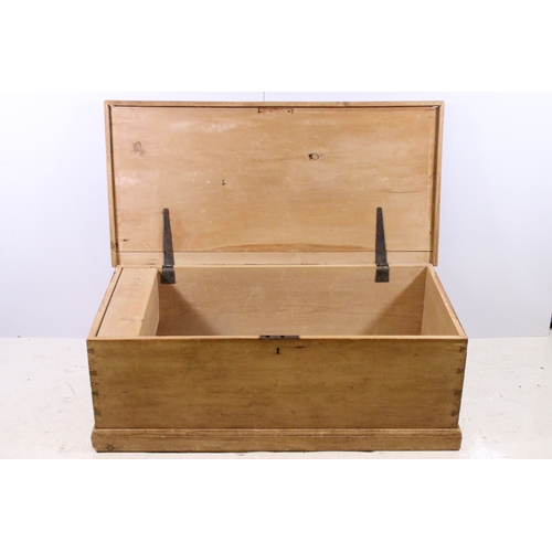 707 - 20th century pine blanket box chest with metal handles, H 37cm, W 102cm, D 50cm