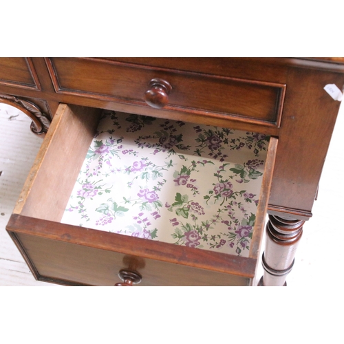 709 - 20th century mahogany dressing wash stand table on turned legs with central carved detail and five d... 