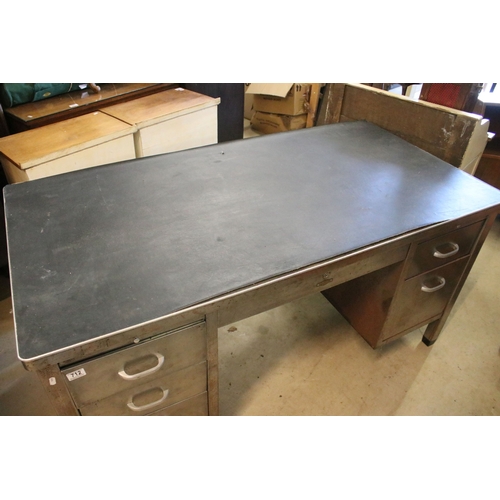 712 - Art Metal, London industrial metal desk with six drawers and two slides, faux leather top covering, ... 