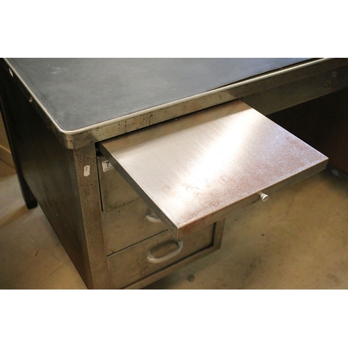 712 - Art Metal, London industrial metal desk with six drawers and two slides, faux leather top covering, ... 