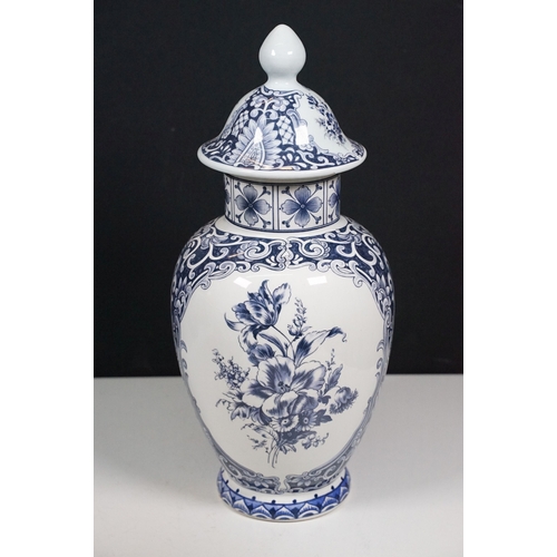 134 - Blue and white pattern T. Delfts Bleau ginger jar and pair of vases together with Royal Sphinx delft... 