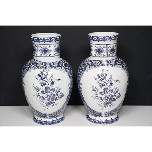 134 - Blue and white pattern T. Delfts Bleau ginger jar and pair of vases together with Royal Sphinx delft... 