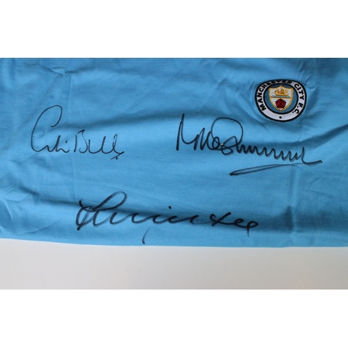 420 - Multi signed Manchester City 'Trinity' triple signed retro shirt by Francis Lee, Colin Bell and Mike... 