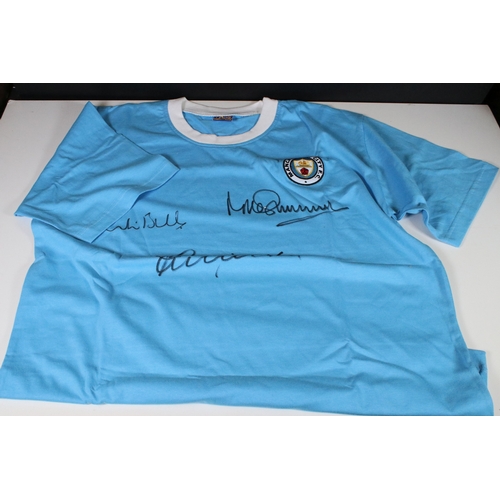 420 - Multi signed Manchester City 'Trinity' triple signed retro shirt by Francis Lee, Colin Bell and Mike... 