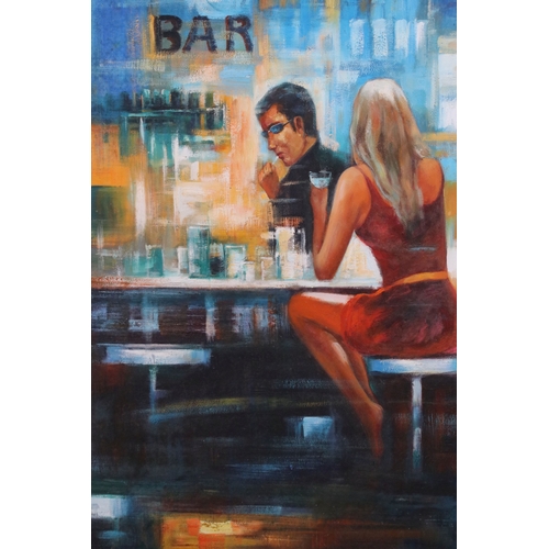 631 - Madjid Rahnavadkar (Tehrani, b. 1943), bar scene, oil on canvas, 88 x 58cm, gilt framed