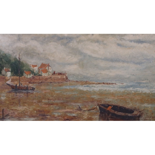 634 - Raymond Hadley, beach scene with moored boats, oil on board, indistinctly signed lower right and dat... 