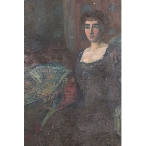 635 - A Willard, three-quarter length portrait of a lady seated holding a fan, impasto oil on canvas, sign... 