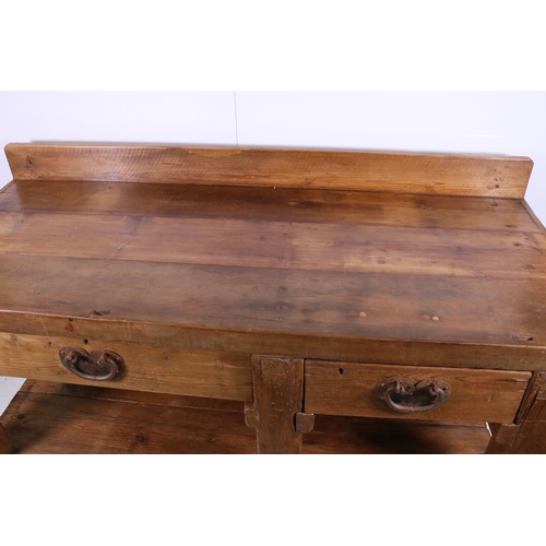 658 - Work table with two drawers and pot shelf below, H 84cm, W 157cm, D 68cm