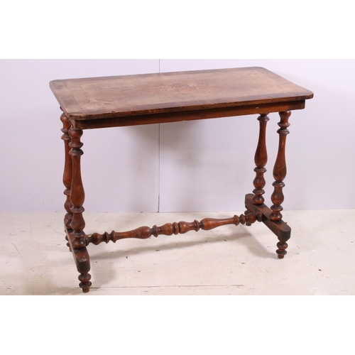 676 - Small floral inlay detail table with turned legs and stretcher, H 69cm, W 86cm, D 43cm, together wit... 