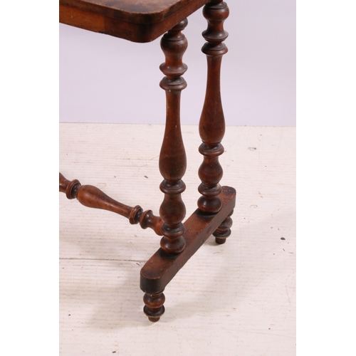 676 - Small floral inlay detail table with turned legs and stretcher, H 69cm, W 86cm, D 43cm, together wit... 