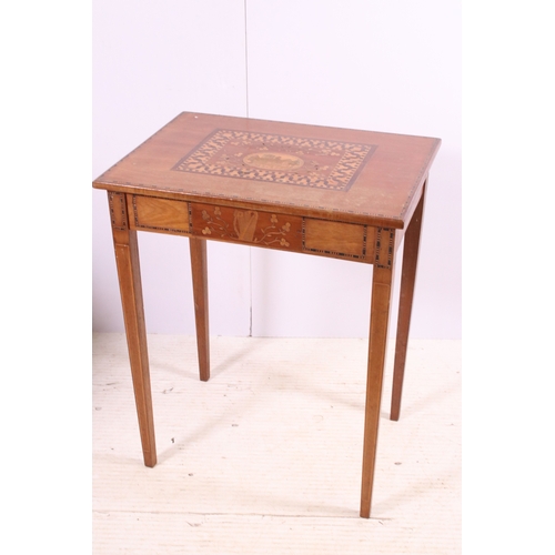 676 - Small floral inlay detail table with turned legs and stretcher, H 69cm, W 86cm, D 43cm, together wit... 